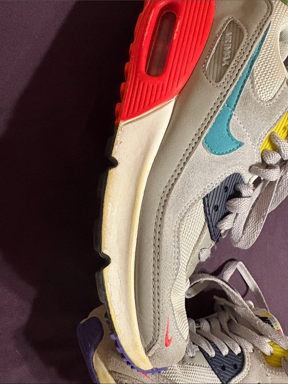 Nike Air Max 90s Kids Gray Sneakers with Teal, Neon Green & Red Accents size 5